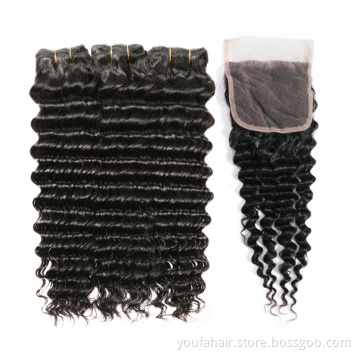 Wholesale 12A Brazilian Virgin Hair Deep Wave Weave Bundles 100% Human Hair Natural Thick Remy Hair Extensions with Lace Closure